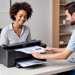 A happy person successfully printing documents from their Epson L3210 printer, which is now working perfectly after the reset, with a sense of relief and accomplishment.