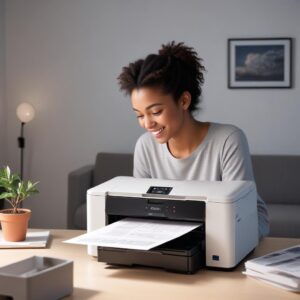 A happy person successfully printing documents with a fixed Epson L3210 printer, showing no orange light, symbolizing relief and productivity.