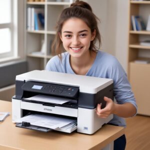 A happy student successfully printing documents from their Epson L3210 printer, with a smiling face, indicating the error has been resolved.