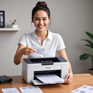 A joyful person holding a perfectly printed document, smiling at an Epson L3210 printer on a desk, symbolizing success and problem resolution.