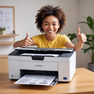A joyful person successfully printing a document from their now-fixed Epson L3210 printer, with the printer running smoothly and the person giving a thumbs-up. Bright, optimistic setting.