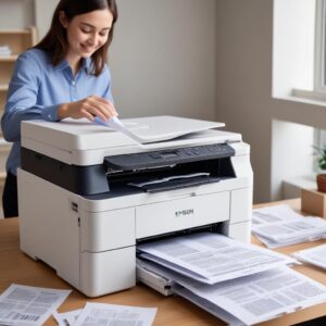 A joyful person successfully printing documents from their Epson L3210 printer, with a stack of perfectly printed papers. The scene conveys relief and productivity.