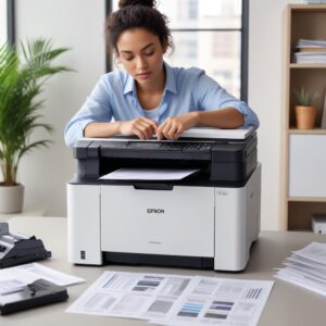 A modern, friendly image of a person confidently using an Epson L3210 printer, with a stack of perfectly printed documents beside them, symbolizing successful troubleshooting and continued productivity.