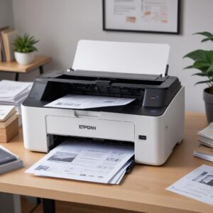 A multi-angle view of the Epson L3210 printer showcasing its compact and sleek design on a clean desk, surrounded by a stack of printed documents and a laptop.