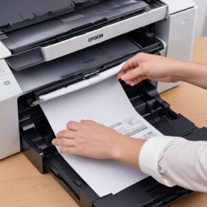 A person carefully pulling a jammed paper out of an Epson L3210 printer, showing the printer's interior and hands holding the paper.