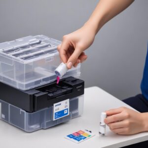 A person carefully refilling an Epson L3210 ink tank with an original Epson ink bottle, showing the clear color of the ink.