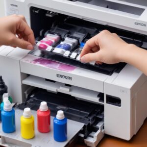 A person carefully refilling the ink tanks of an Epson L3210 printer, with various colored ink bottles visible, emphasizing the process of checking and refilling ink levels to prevent printing issues.