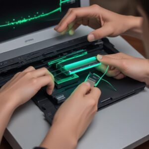 A person checking the USB cable connection between a laptop and an Epson printer, with the printer's power light glowing green.