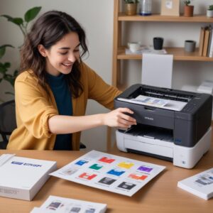 A person cheerfully unboxing a new Epson L3210 printer, with colorful ink bottles visible beside it. The scene should convey ease and excitement.