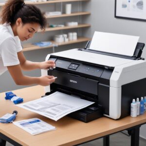 A person cleaning around an Epson L3210 printer with a cloth, emphasizing routine maintenance and care. The printer is on a clean desk, and there are original Epson ink bottles nearby.