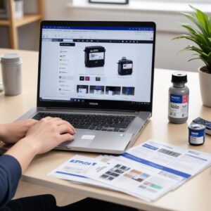 A person comparing prices of Epson 003 ink bottles on a laptop (showing an e-commerce website) and holding a physical ink bottle, with various payment options visible on screen. The setting is a home office desk.