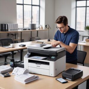 A person confidently installing a printer driver on a laptop, with an Epson EcoTank L3210 printer visible in the background, surrounded by modern office tools. The scene should convey ease and success.