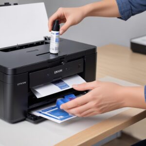 A person easily refilling the ink tank of an Epson L3210 printer using an original Epson ink bottle, showing the mess-free refill system.