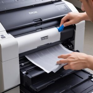 A person gently cleaning the rubber paper pick-up rollers inside an Epson L3210 printer using a slightly damp, clean cloth with isopropyl alcohol.