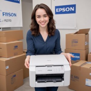 A person happily holding a box of the Epson L3210 printer, smiling, with a