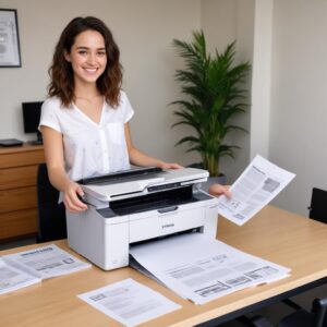 A person happily holding a perfectly printed document coming out of an Epson L3210 printer, with a Macbook in the background.