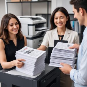 A person happily holding a stack of crisp, black-and-white documents printed with a laser printer, and another person admiring a vibrant, high-quality color photo printed with an inkjet printer, symbolizing the strengths of each.