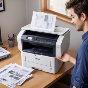 A person happily holding a stack of freshly printed documents and a clear, vibrant photo from the Epson L3210, illustrating satisfaction with print quality and volume. The background is a tidy home office desk.