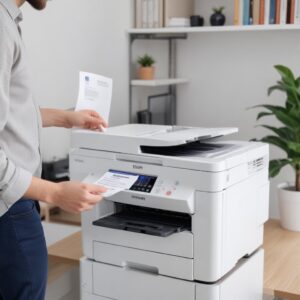 A person happily holding up a perfectly printed color document, standing next to a working Epson L3210 printer, in a bright and clean environment, symbolizing success after troubleshooting.