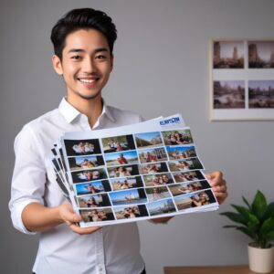 A person happily holding up a stack of professionally printed photos, showcasing the quality achieved by an Epson photo printer, with a studio-like background.