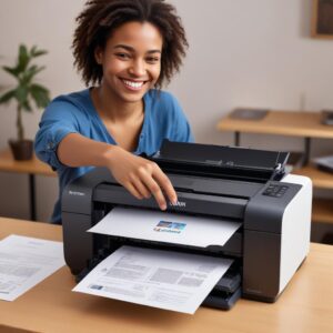 A person happily printing a document from their Ubuntu desktop with an Epson L3210 printer connected via USB, a smile on their face. The screen shows a document being sent to print.