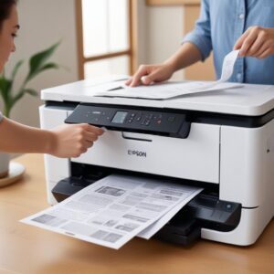A person happily printing a document on an Epson L3210 printer, with a stack of perfectly printed pages beside it. The scene conveys success and ease of use.