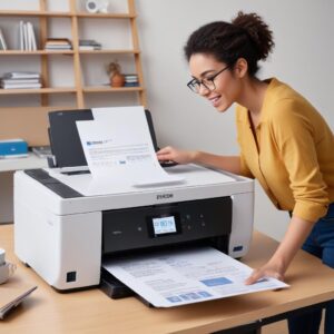A person happily printing a document with an Epson L3210 printer, while a clear notification bubble on their computer screen, powered by Epson Status Monitor 3, indicates