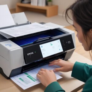 A person happily printing documents after successfully resolving an issue with their Epson printer, showing the blue and green lights indicating normal operation.
