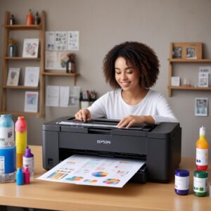 A person happily printing documents and photos with the Epson L3210, surrounded by colorful ink bottles, emphasizing ease of use and cost-effectiveness.