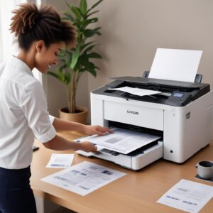 A person happily printing documents from an Epson L3210 printer, with a laptop showing a successful print job notification.