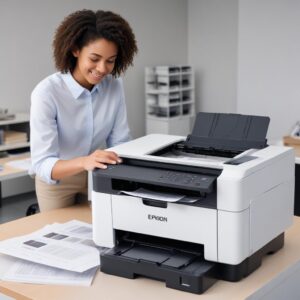 A person happily printing documents from an Epson L3210 printer in a clean, modern office setting, looking relieved and productive.