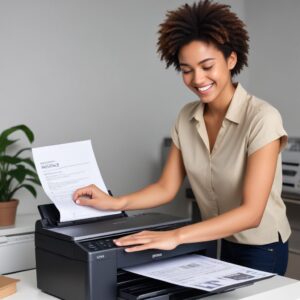 A person happily printing documents from an Epson printer that is working perfectly, with no error lights. The person should have a satisfied expression, showing the positive outcome of troubleshooting.