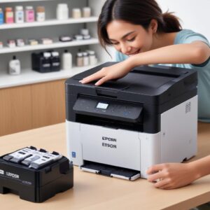 A person happily refilling the ink tank of an Epson EcoTank printer with an original Epson ink bottle, highlighting the ease and cost-effectiveness.