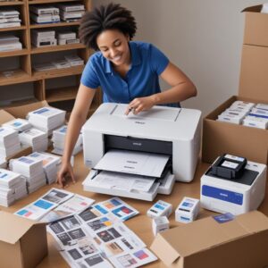 A person happily unboxing a new Epson EcoTank printer, surrounded by printing papers and ink bottles, symbolizing smart purchase and efficiency.