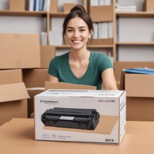 A person happily unpacking a newly arrived toner cartridge package from an online store, with a laptop showing an e-commerce website in the background, signifying convenience.