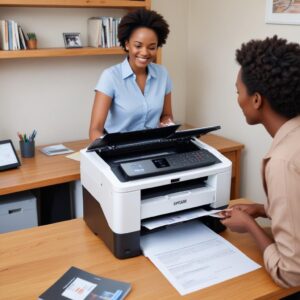 A person happily using an Epson EcoTank printer in a home office setting in Zimbabwe, efficiently printing documents with visible ink tanks, symbolizing long-term savings and satisfaction.