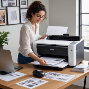 A person happily using the Epson L3210 printer in a home office setting, with a laptop connected, surrounded by a few successful prints like photos and documents, emphasizing ease of use and good results.