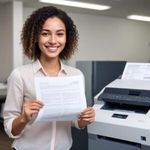 A person holding a perfectly printed document, smiling, with a printer in the background, symbolizing the successful resolution of the printer issue.