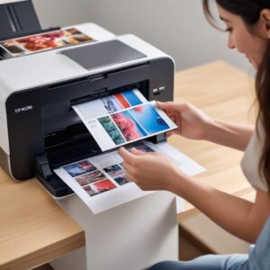 A person holding a smartphone and smiling, looking at a freshly printed color photograph coming out of a modern Epson printer, symbolizing satisfaction and efficiency of printing directly from a mobile device.