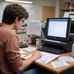 A person looking frustrated at a printer that displays an error message on a small LCD screen, with a laptop open next to it. The background is a messy desk.