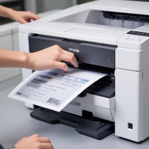 A person performing a head cleaning on an Epson L3210 printer through its control panel, with a blurred computer screen in the background showing printer settings.