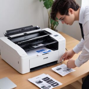 A person performing troubleshooting steps on an Epson L3210 printer, carefully checking cables and opening the printer cover. The printer is on a desk with a laptop next to it.