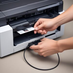 A person plugging a new, high-quality USB 2.0 Type A to B cable into the back of an Epson L3210 printer, emphasizing correct connection.