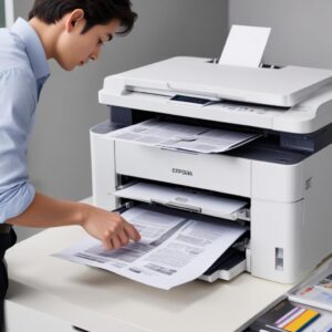 A person printing a stack of documents using the Epson L3210 printer, with several finished pages neatly stacked, illustrating high-volume printing.