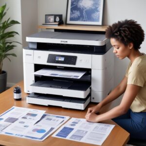 A person printing documents with the Epson EcoTank L3210 All-in-One printer in a home office setting, with a stack of printed papers next to it, symbolizing high volume printing and productivity.