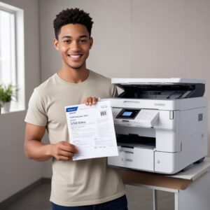 A person (representing a student or small business owner) happily holding a freshly printed document from the Epson L3210 All-in-One printer, with a subtle background suggesting productivity and satisfaction, highlighting the