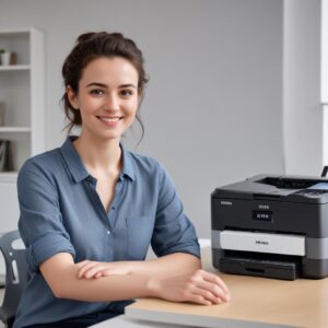 A person sitting at a desk, looking confidently at a laptop screen with an Epson L3210 printer next to them, suggesting successful installation. The person has a slight smile, indicating satisfaction.