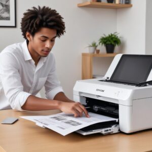 A person successfully printing a document from their MacBook using an Epson L3210 printer, with a satisfied expression. The printed page is visible.