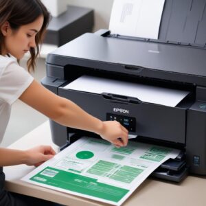 A person successfully printing documents from an Epson L3210 printer, with several freshly printed sheets in the output tray. The printer's indicator lights are all green and normal, showing no errors.