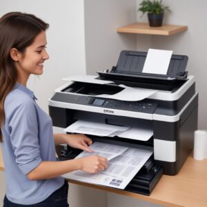 A person successfully printing documents from their Epson L3210 printer, smiling with satisfaction. Papers are coming out of the printer tray.